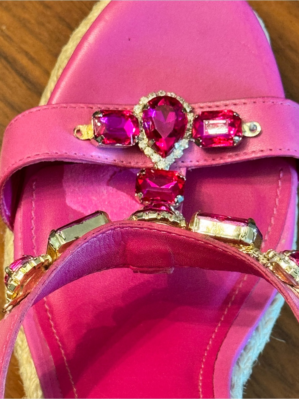 Arezzo Pink Leather Jeweled Espadrille Wedge Sandals Crystal Platform Size 9US - Picture 13 of 13